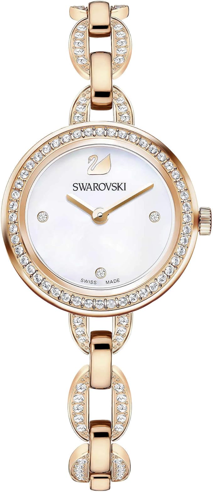 Swarovski Aila quartz women's watch with rose gold plating, crystal bezel, white dial, and crystal-set bracelet