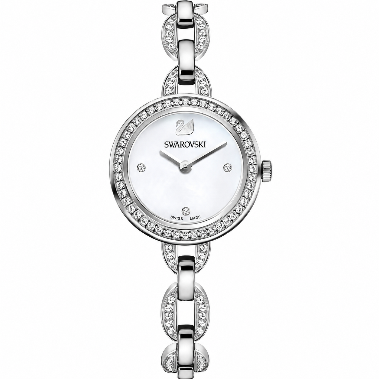 Swarovski Aila Mini women's watch with white dial, crystal-set case and silver metal bracelet