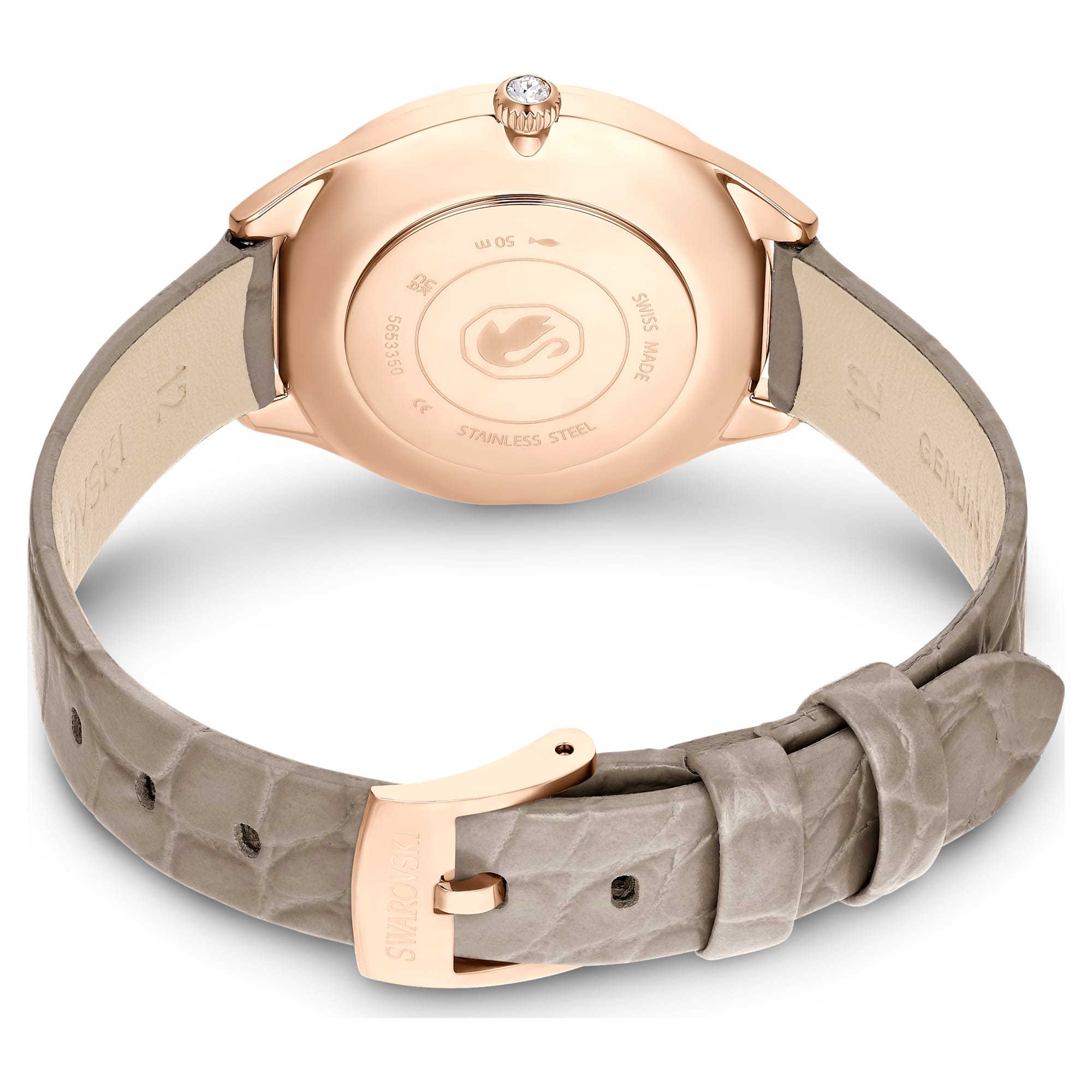 Swarovski Attract Clover watch case back showing stainless steel construction and grey leather strap