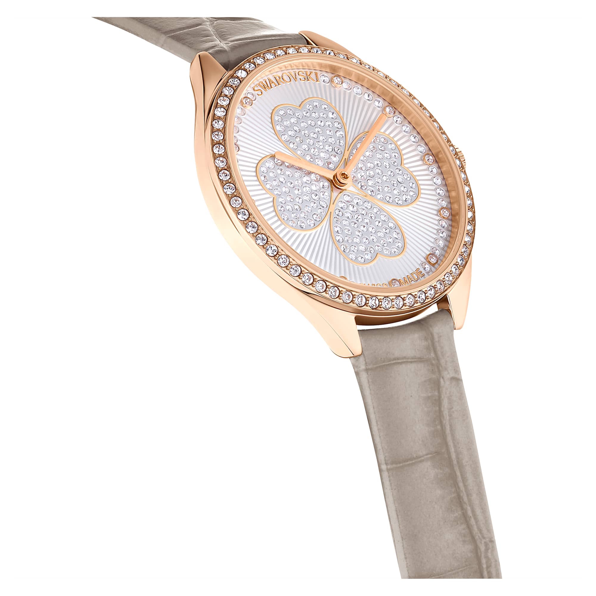 Swarovski Attract Clover watch angled view showing crystal clover motif on silver dial
