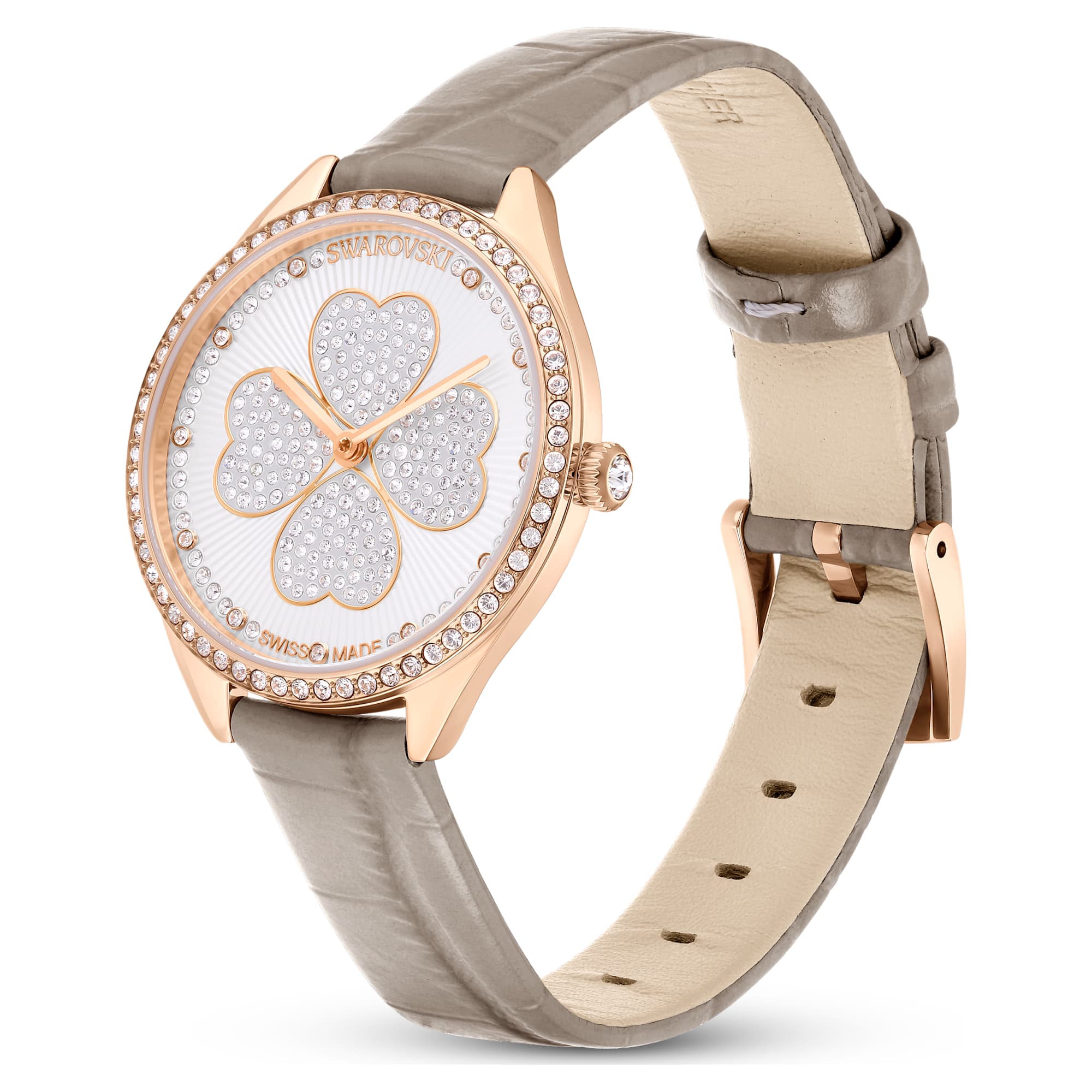 Swarovski Attract Clover watch side view displaying rose gold case profile and grey leather strap detail