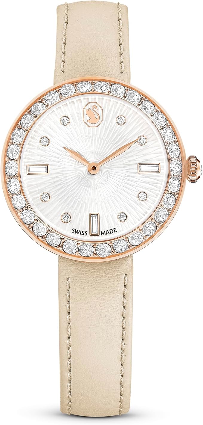 Swarovski Certa women's watch with crystal bezel, silver dial, and beige leather strap