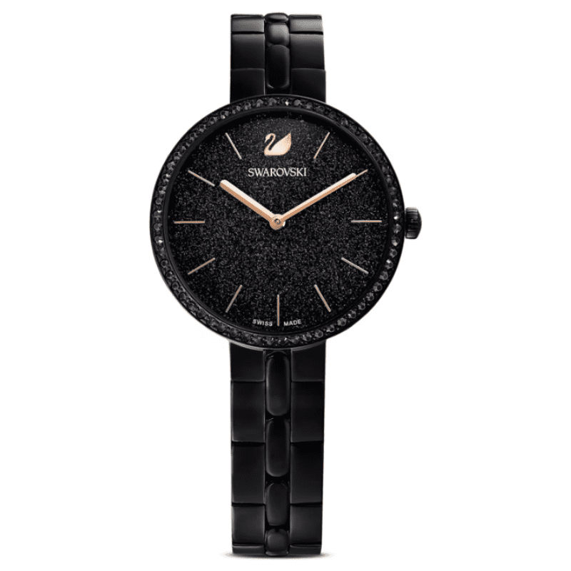 Swarovski Cosmopolitan black dial watch with rose gold hands and crystal bezel, black metal bracelet