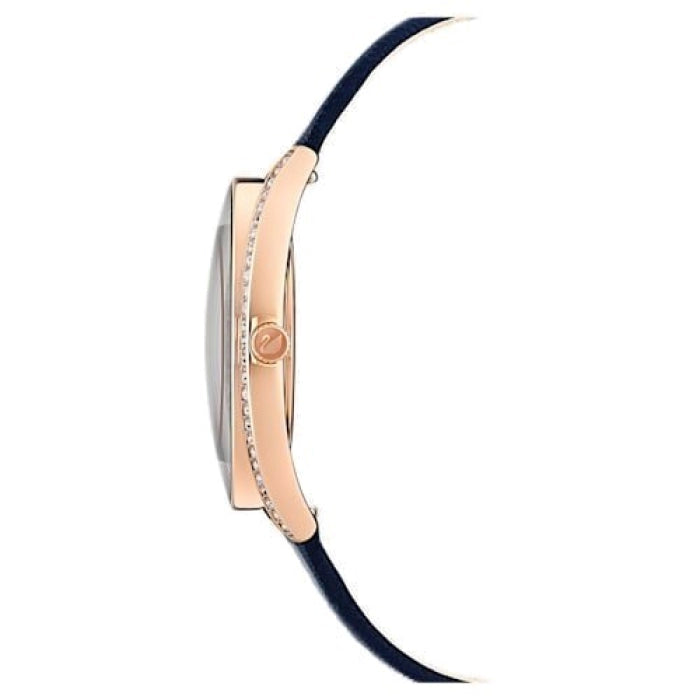 Side profile of Crystalline Aura rose gold watch with navy strap
