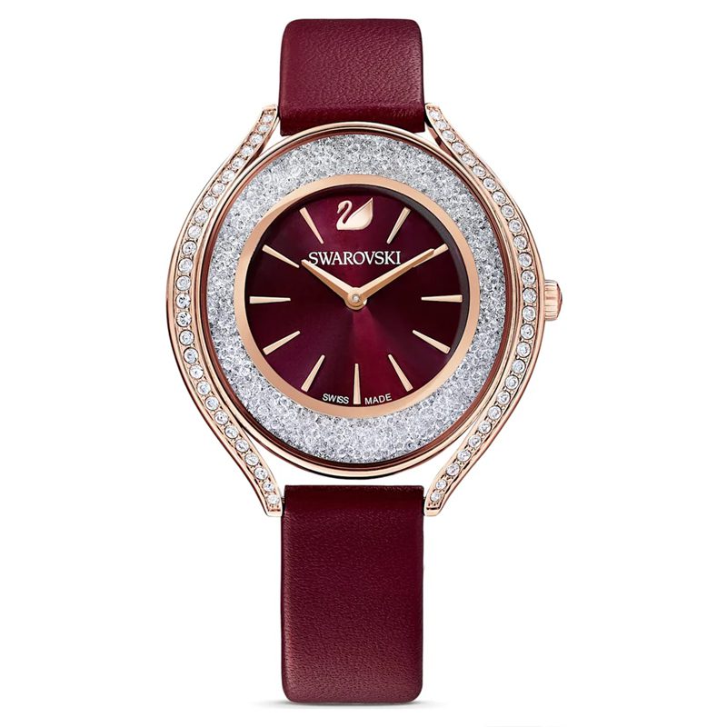 Swarovski Crystalline Aura ladies watch with burgundy dial, crystal bezel, and burgundy leather strap