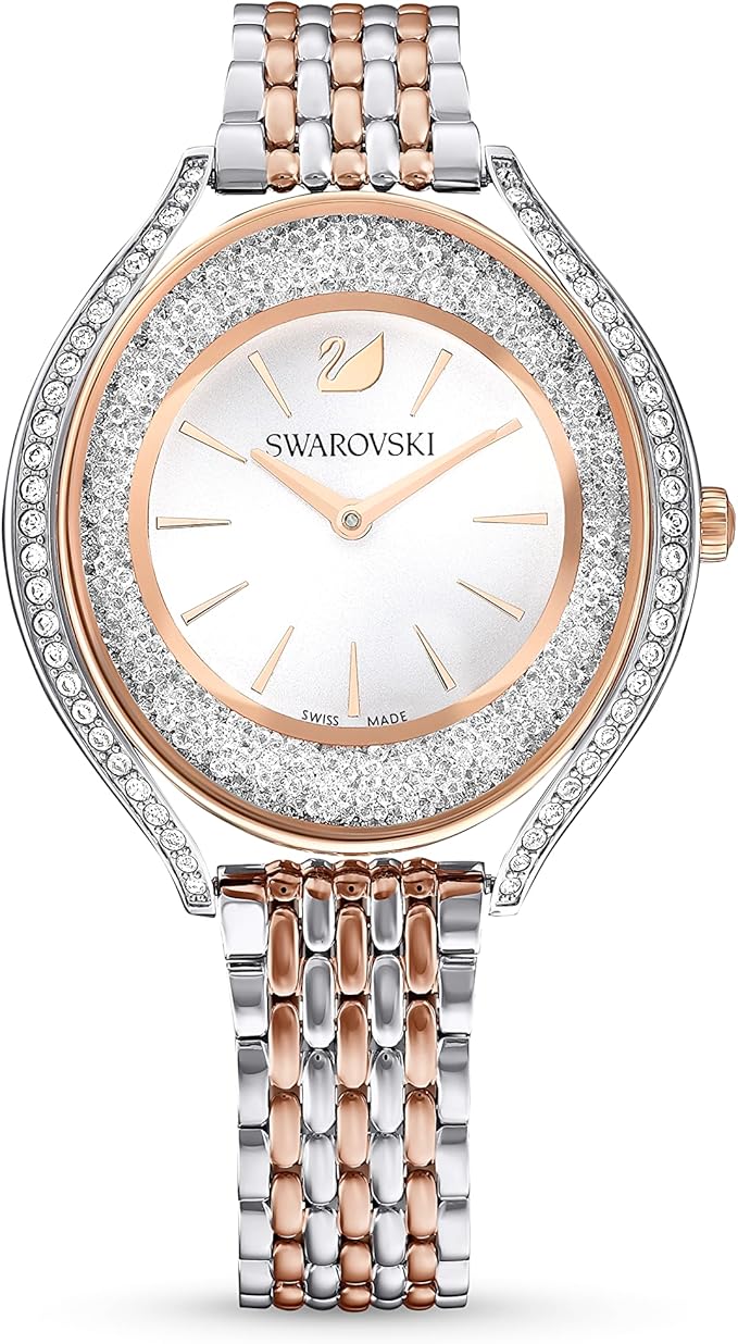 Swarovski Crystalline Aura rose gold and silver two-tone women's watch with crystal-studded bezel and white dial