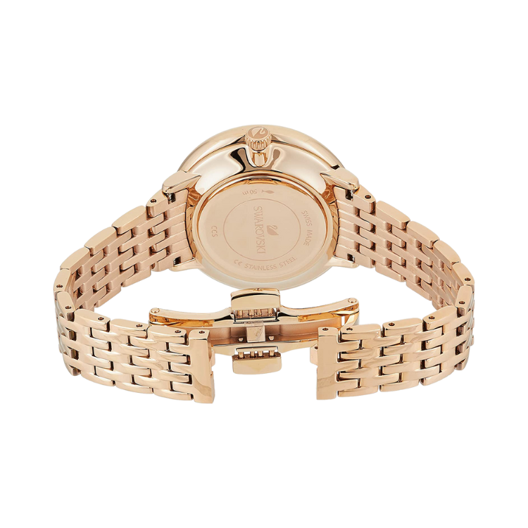 Swarovski Crystalline Chic watch caseback showing rose gold case and bracelet assembly