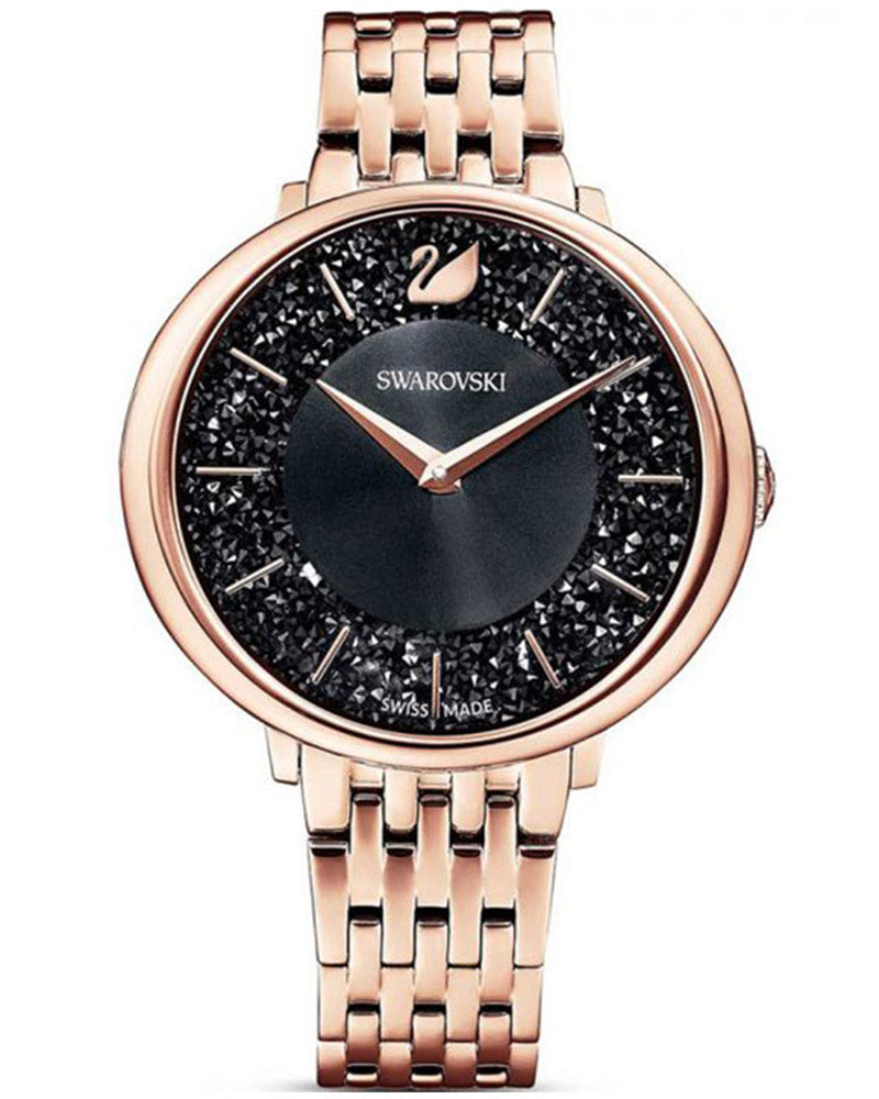 Swarovski Crystalline Chic women's watch with black dial, crystal-studded bezel, and rose gold bracelet