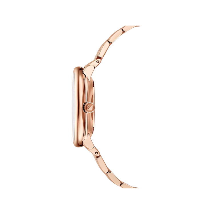 Side profile of Swarovski Crystalline Chic watch case and rose gold bracelet