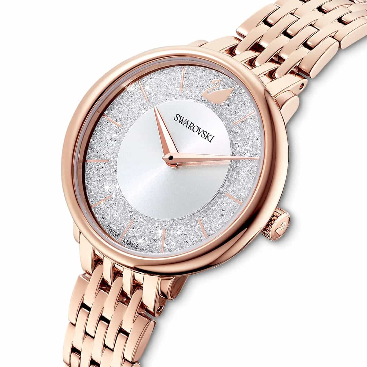 Three-quarter view of Swarovski Crystalline Chic watch on rose gold bracelet