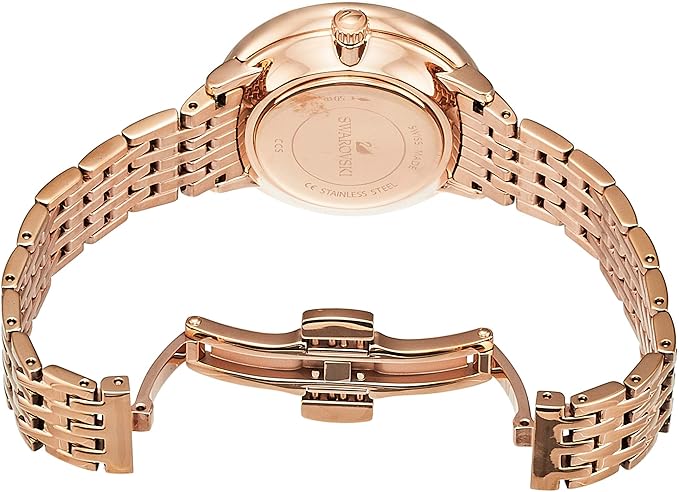 Back view of Swarovski Crystalline Chic watch showing case back with rose gold finish