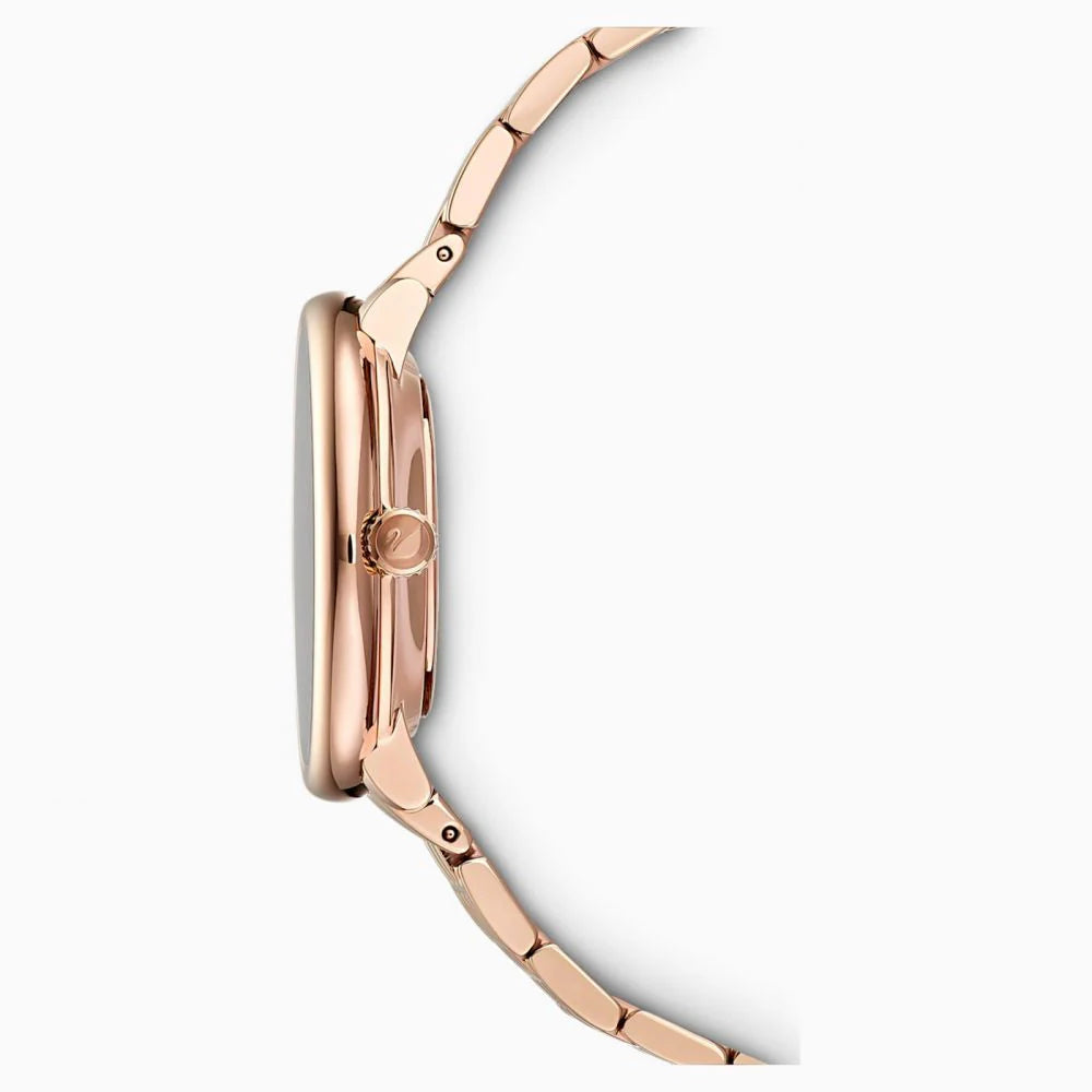 Side profile of Crystalline Chic watch displaying rose gold-tone case and bracelet thickness