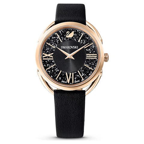 Swarovski Crystalline Glam women's watch with black dial, rose gold case and black leather strap