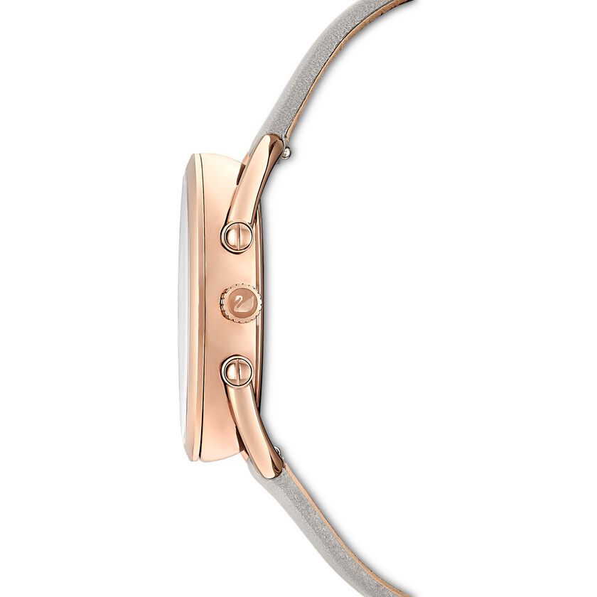 Side profile of Crystalline Glam watch showing rose gold case thickness and grey strap