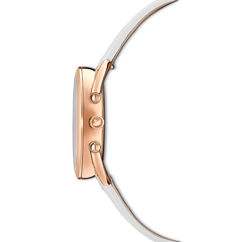 Side profile of Crystalline Glam watch showing rose gold-plated case thickness and white leather strap