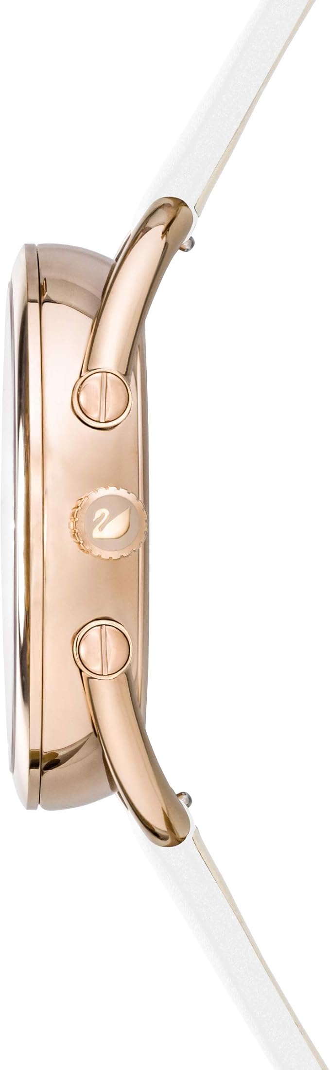 Side view of rose gold Crystalline Glam case with crown and white strap detail
