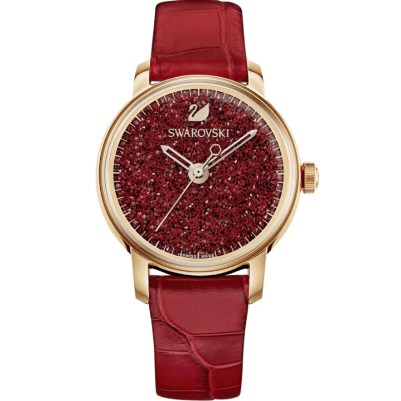 Swarovski Crystalline Hours women's watch with red crystal dial and gold case on red leather strap