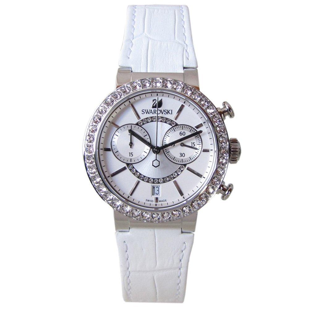 Angled view of Swarovski Crystalline Oval watch with white crocodile leather strap