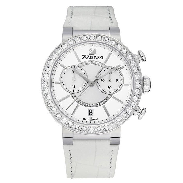 Front view of Swarovski Crystalline Oval chronograph with crystal-set case and white dial