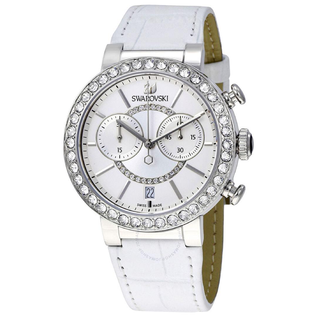 Swarovski Crystalline Oval watch showing olive leather strap backing and case profile