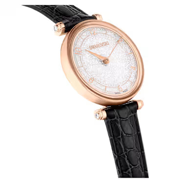 Angled view of Swarovski Crystalline Wonder ladies watch with leather strap and rose gold finish