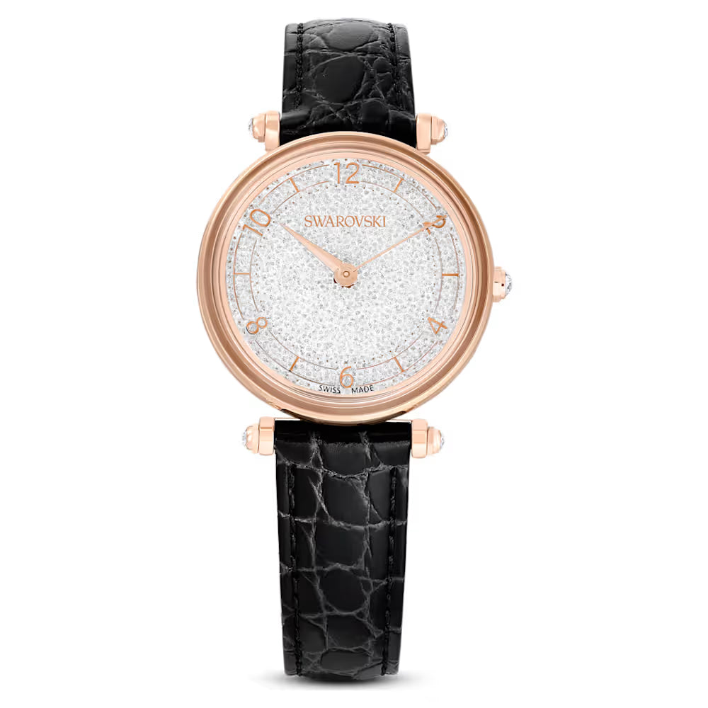 Front view of Swarovski Crystalline Wonder watch with glittering white dial and rose gold case