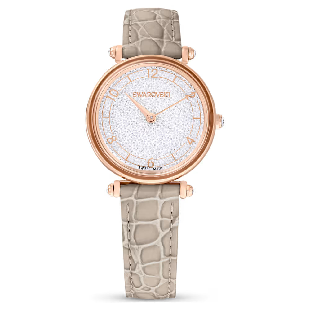 Swarovski Crystalline Wonder women's watch with rose gold case, crystal dial, and beige leather strap