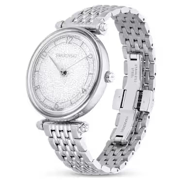 Side angle view of Swarovski Crystalline Wonder watch with metal bracelet