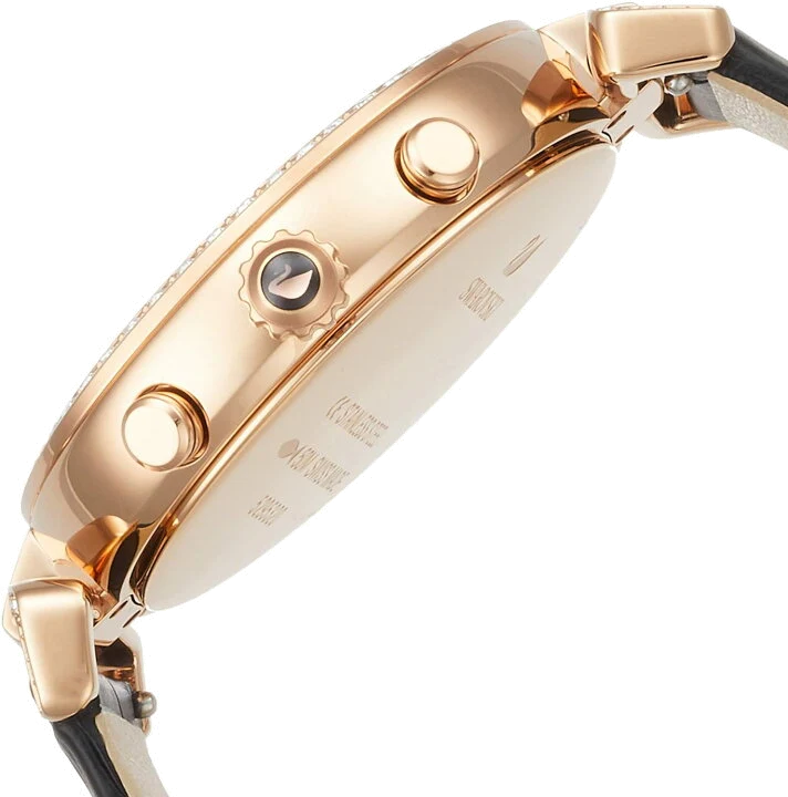 Swarovski Era Journey watch side view displaying rose gold case, chronograph pushers, and black leather strap