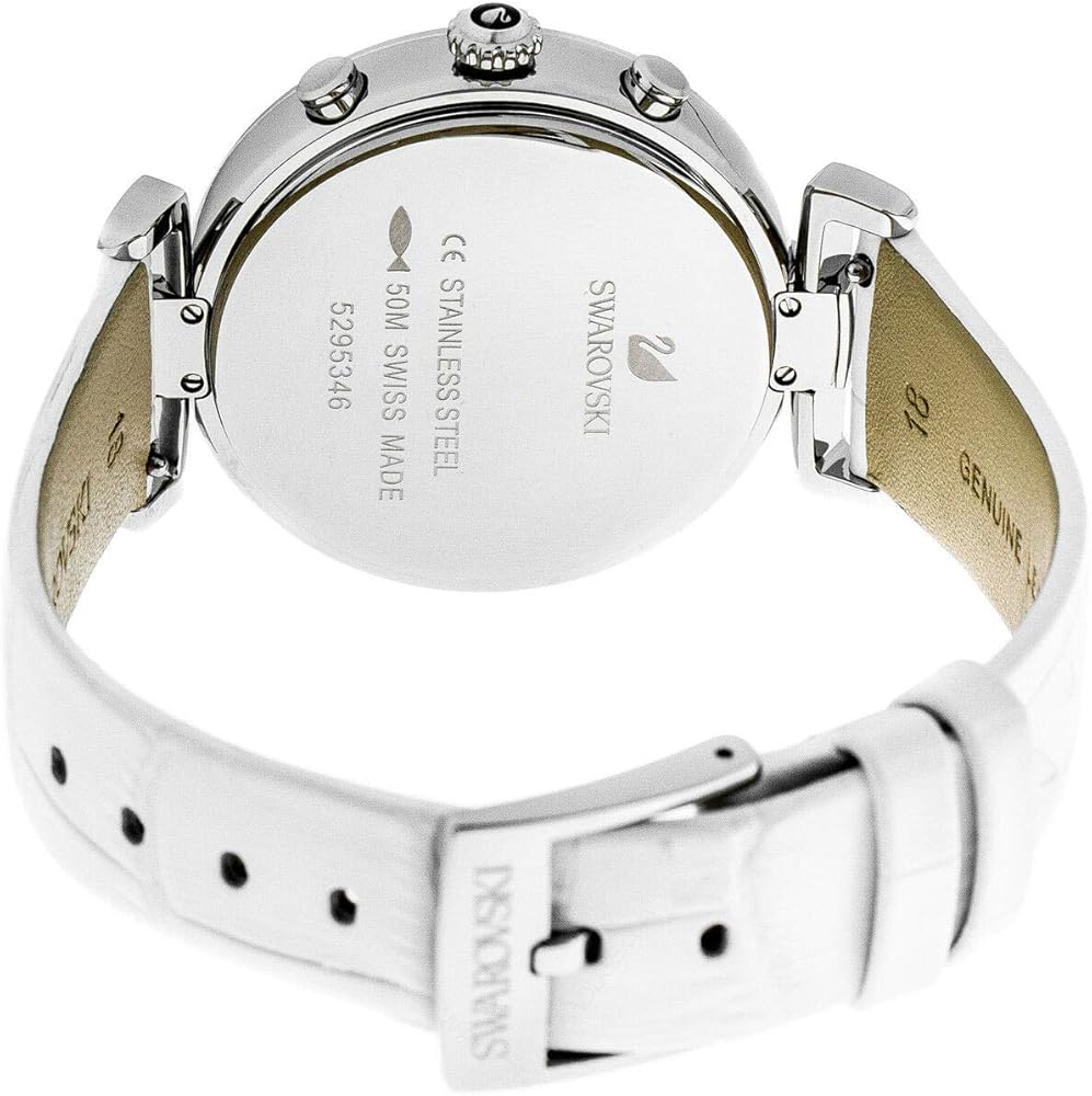Swarovski Era Journey caseback showing stainless steel with engravings and white leather strap