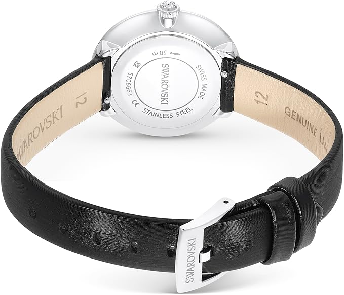 Case back view of Swarovski Matrix Tennis watch showing stainless steel and engraved leather strap