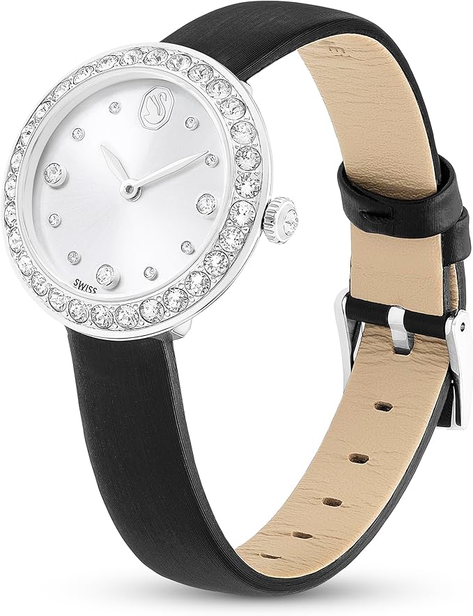 Swarovski Matrix Tennis watch on wrist showing black leather strap and crystal-set bezel
