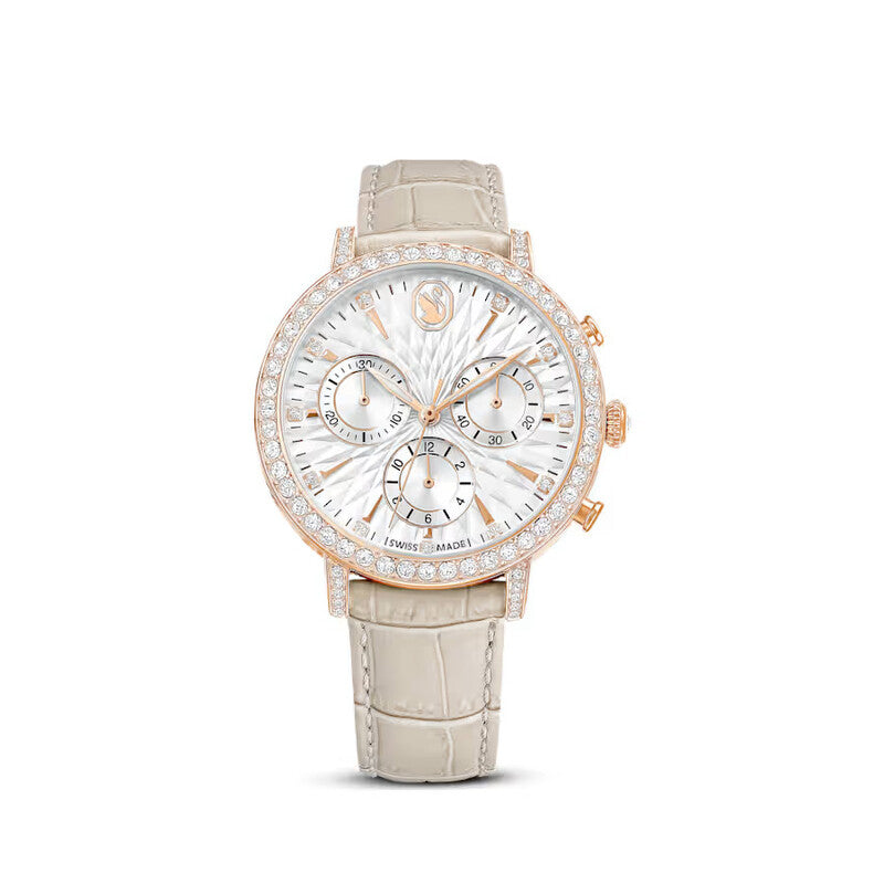 Swarovski Matrix Tennis Chrono chronograph watch with rose gold case, crystal bezel, and silver dial