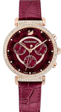 Swarovski octagon cut chronograph watch with purple dial, champagne gold-tone case, crystal bezel, and burgundy leather strap