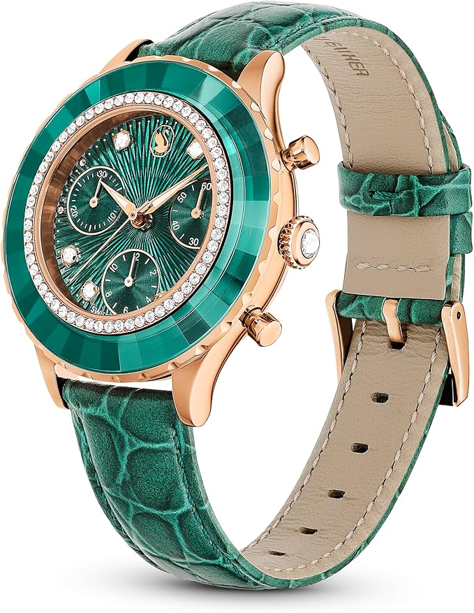 Swarovski Octea Chrono watch side view showing green crocodile leather strap and rose gold lugs