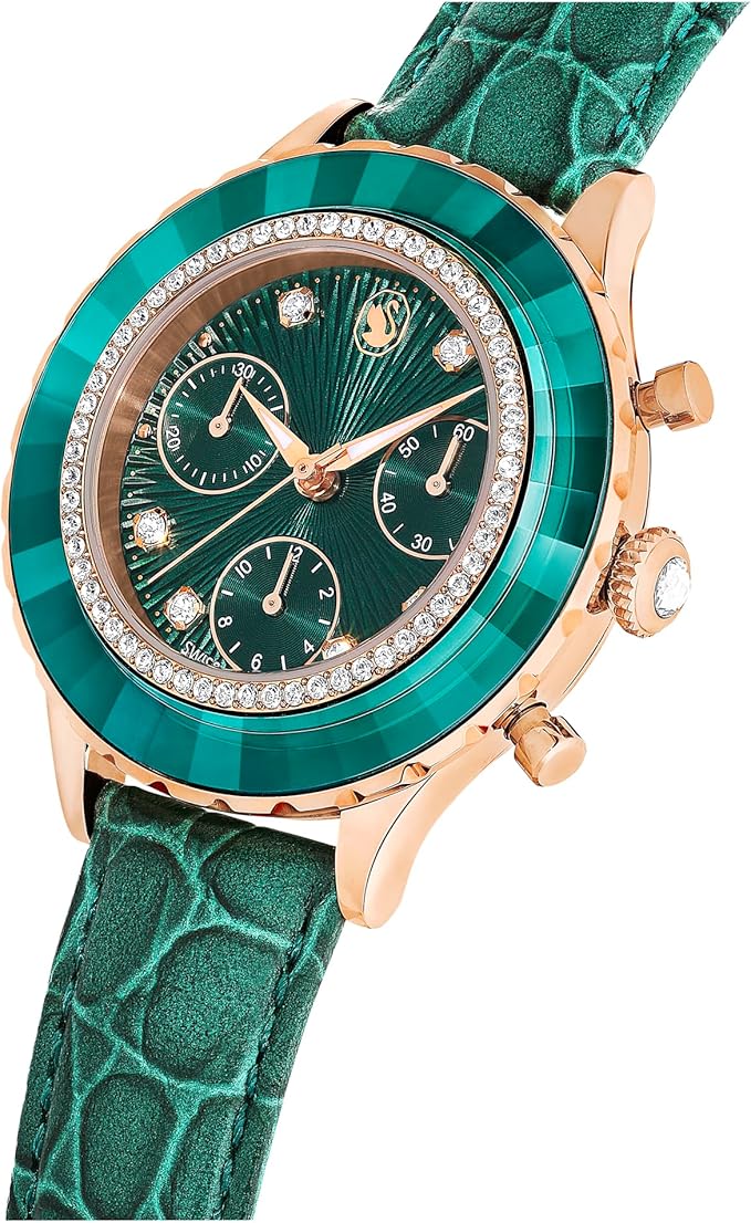 Swarovski Octea Chrono watch side view detail of chronograph pushers and green strap