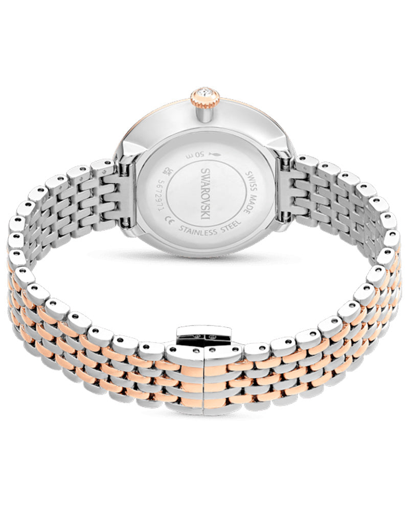 Swarovski Octea Chrono caseback showing stainless steel back with two-tone bracelet