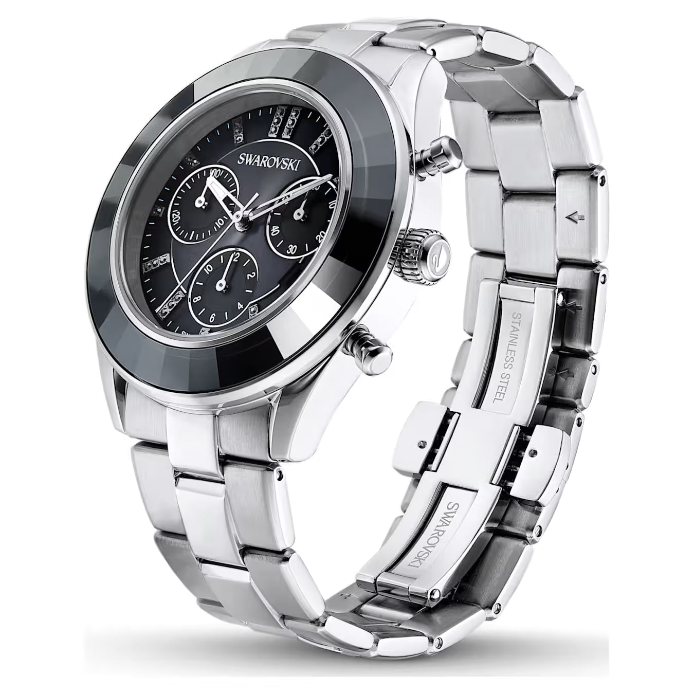 Swarovski Octea Lux Sport Chronograph watch with metal bracelet, three-quarter angle view