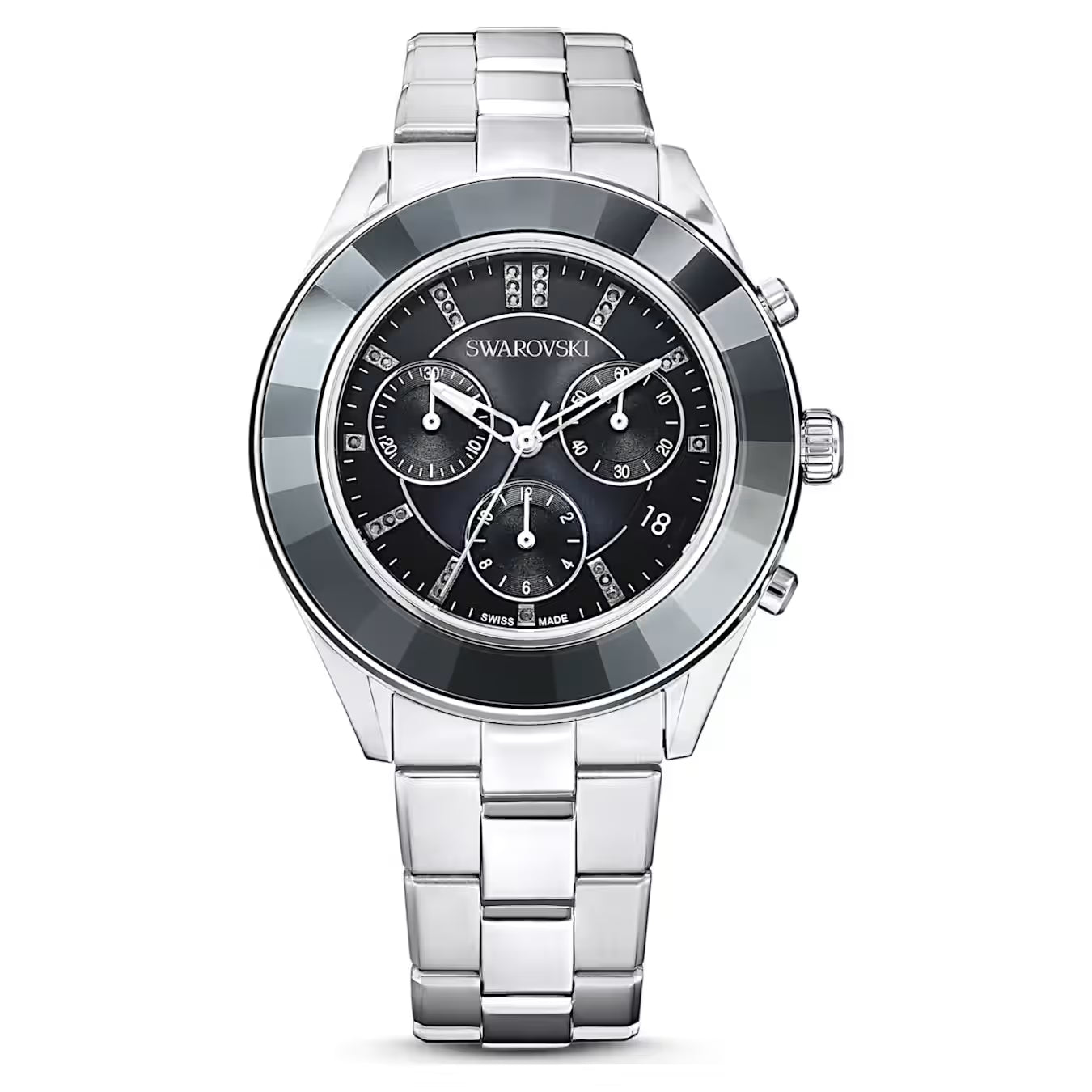Swarovski Octea Lux Sport Chronograph watch with black dial and stainless steel bracelet, front view