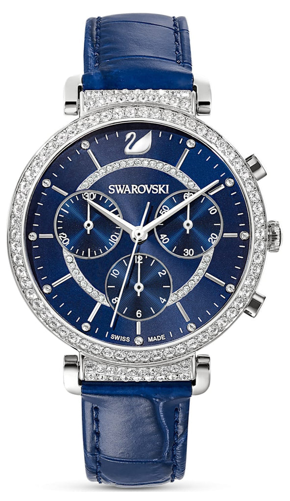 Swarovski Passage Chrono watch with navy blue dial, crystal-set bezel, and blue leather strap