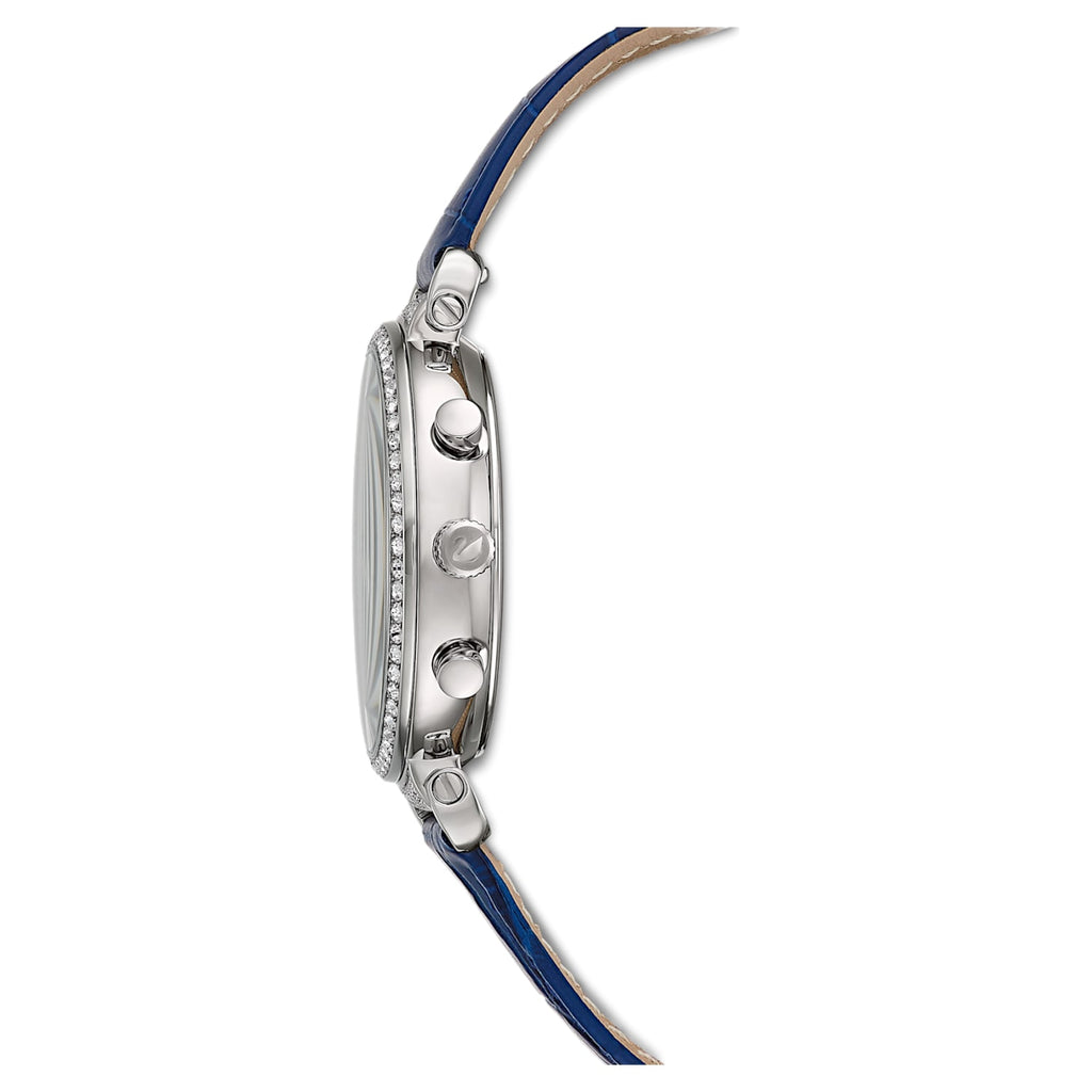 Side profile of Swarovski Passage Chrono watch showing stainless steel case and blue leather strap
