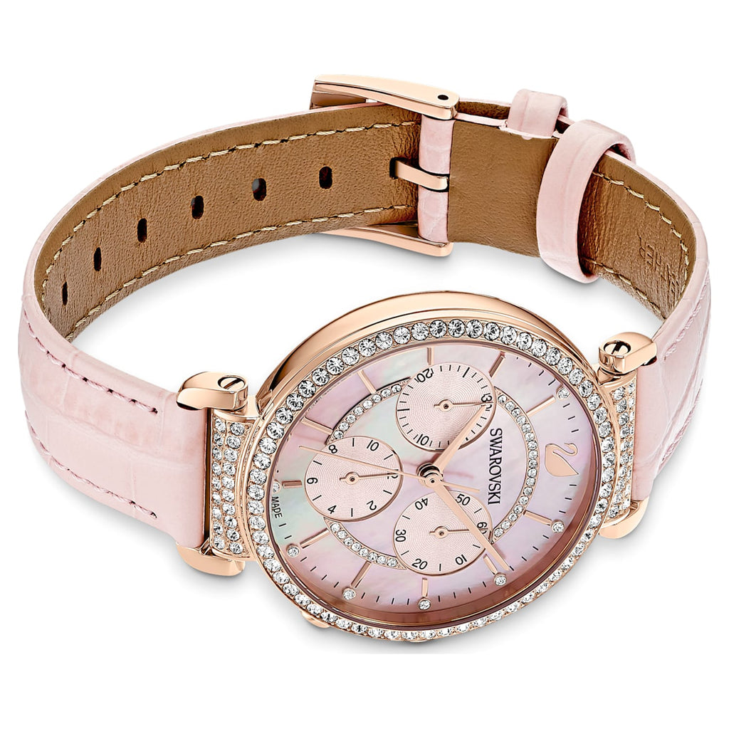 Swarovski Passage Chrono watch displayed at angle showing rose gold case and pink leather strap