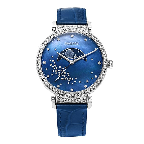 Swarovski Passage moon phase watch with blue leather strap and silver-tone case