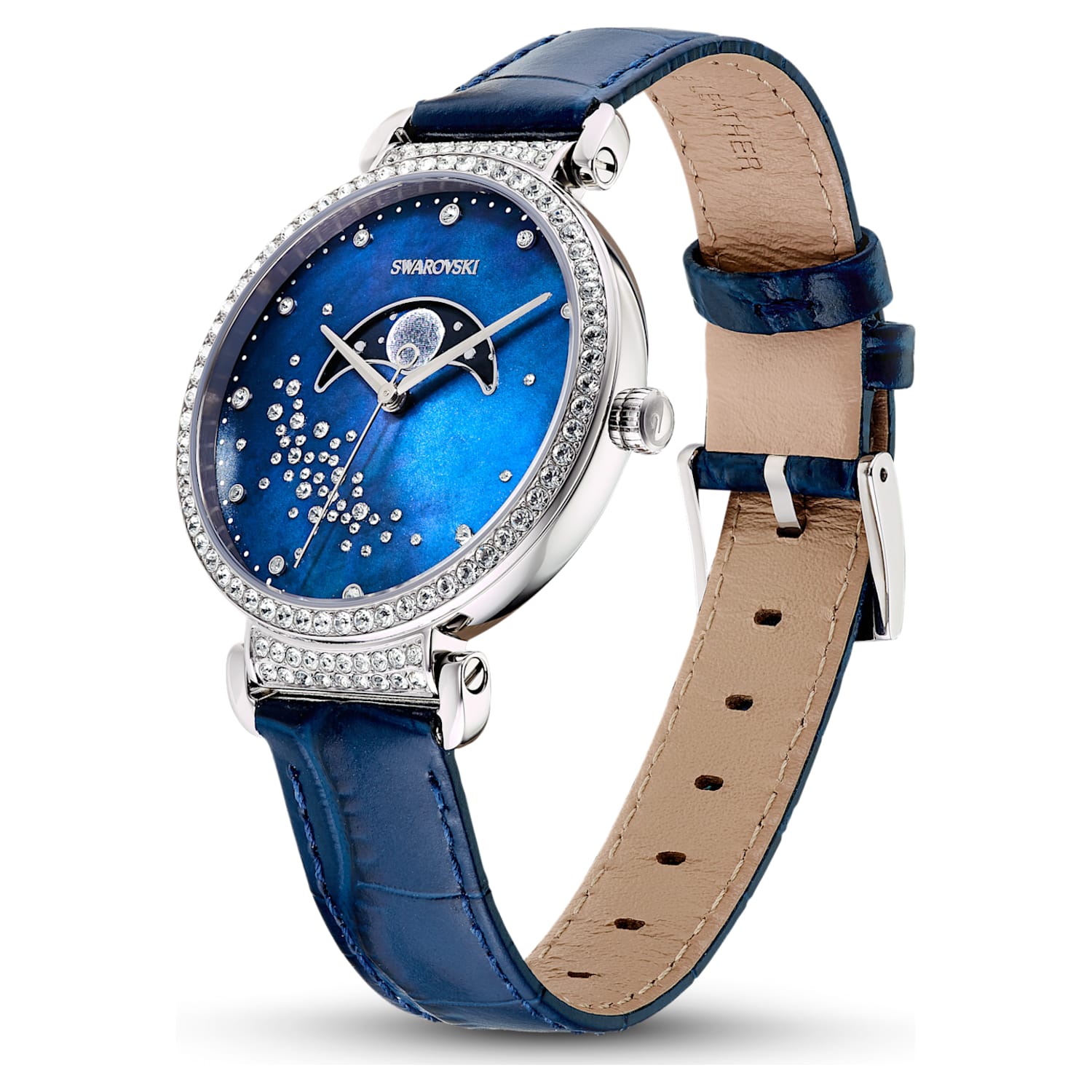 Swarovski Passage moon phase watch worn on wrist showing blue dial and leather strap