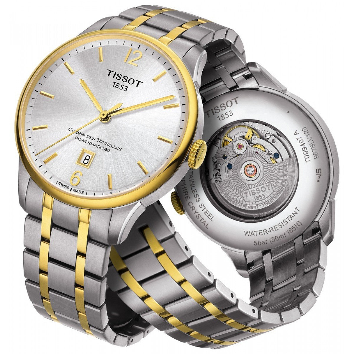 Tissot Chemin Des Tourelles men's watch front and caseback showing automatic movement and water resistance