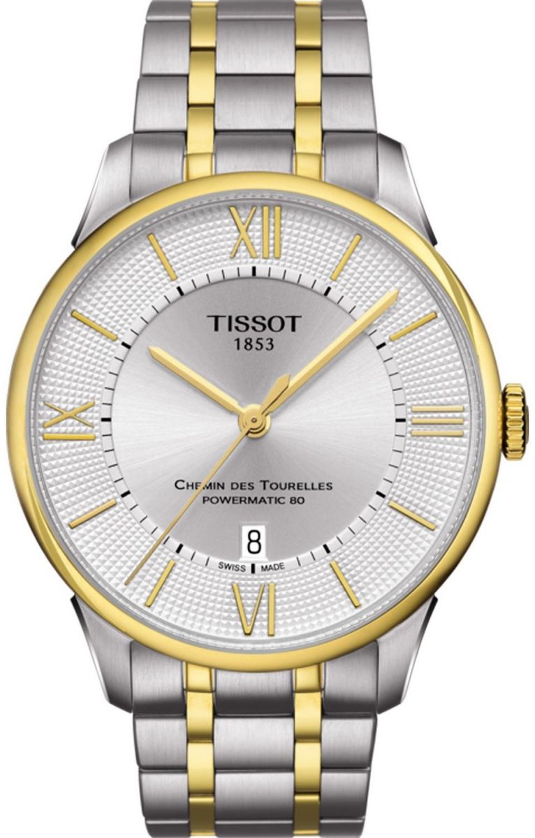 Tissot Chemin Des Tourelles men's watch with two-tone steel and gold bracelet, silver dial with Roman numerals