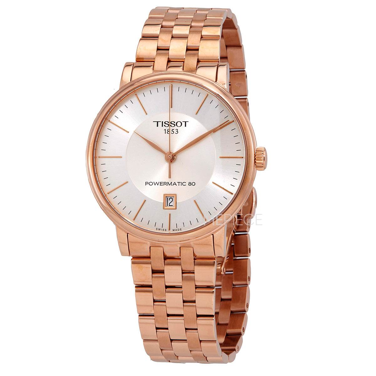 Tissot Carson Premium rose gold watch angled view showing white dial and bracelet