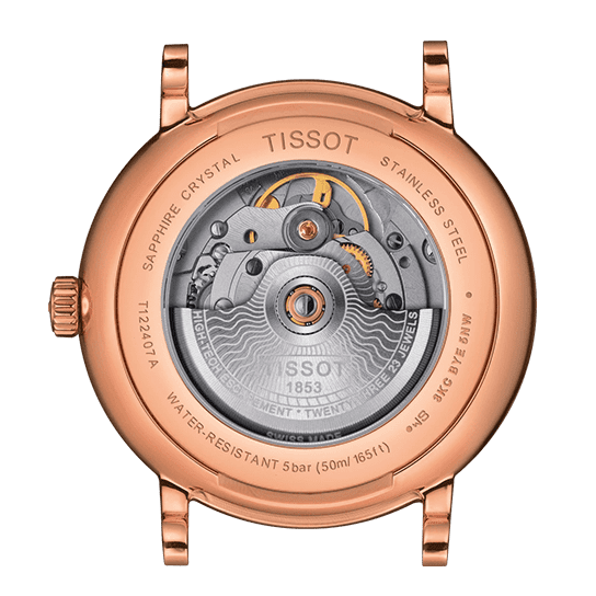 Tissot Carson automatic movement visible through sapphire crystal caseback