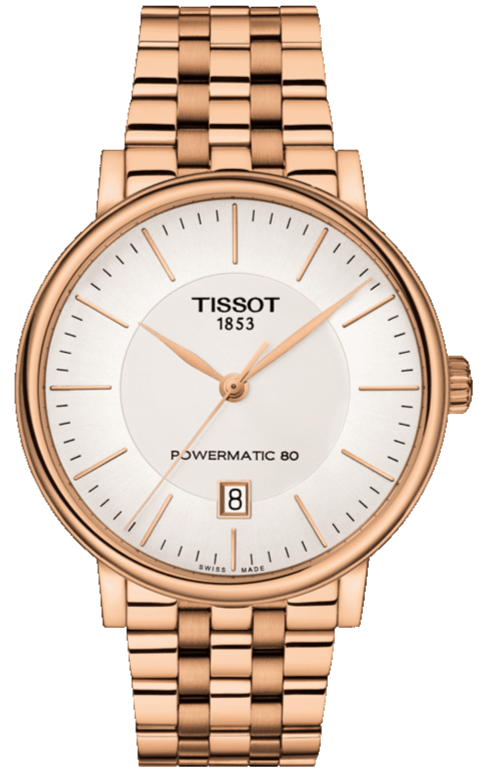 Tissot Carson Premium automatic watch with white dial and rose gold bracelet