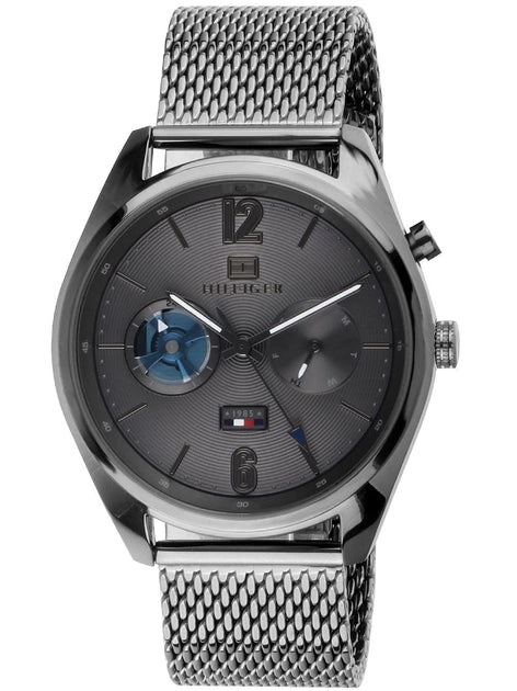 Side angle view of Tommy Hilfiger Deacan chronograph with blue moonphase subdial